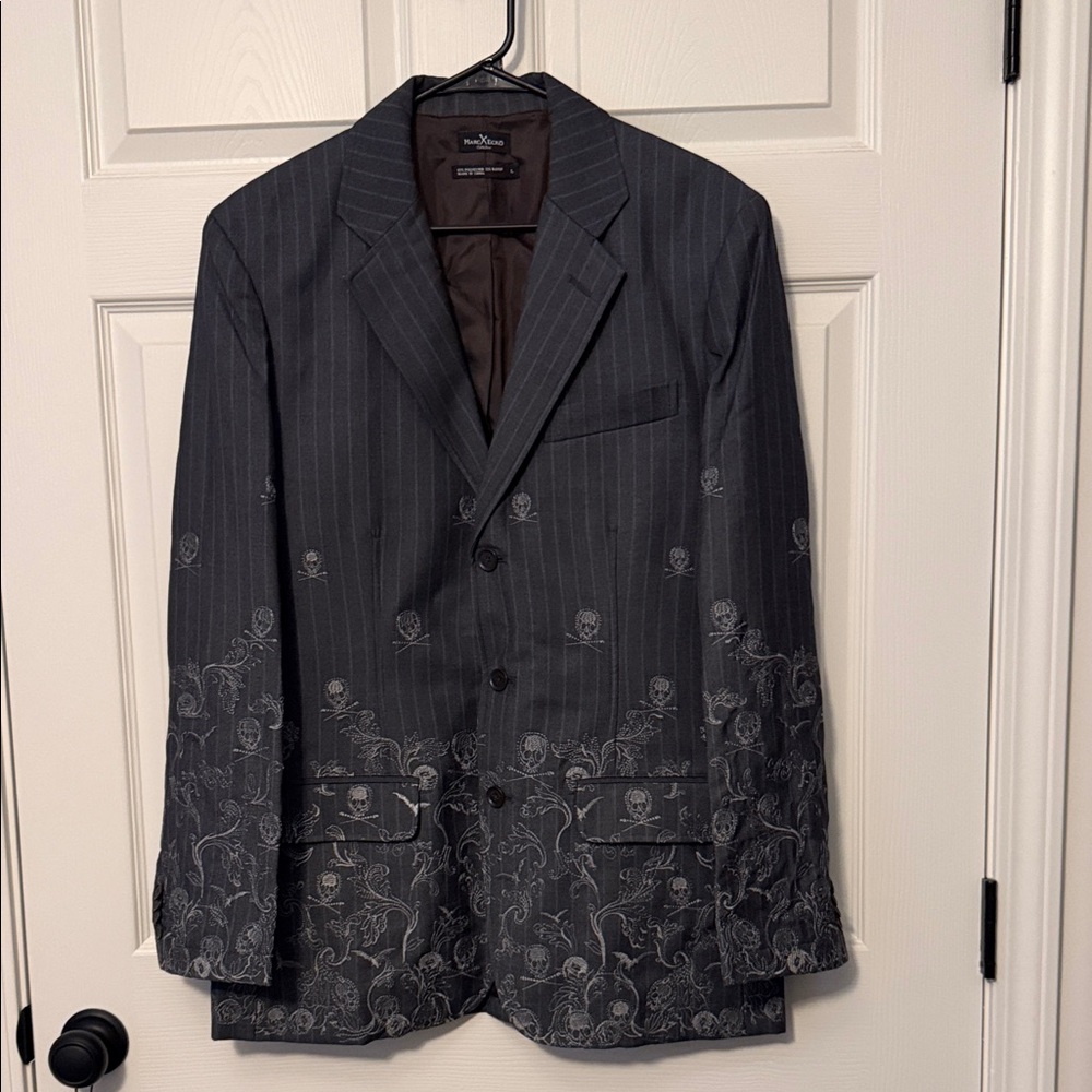 Marc Ecko Gray Pinstripe Blazer with Skull Embroidery